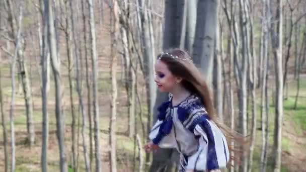 Een klein meisje in een licht blauwe jurk patronen lopen in het voorjaar bos — Stockvideo