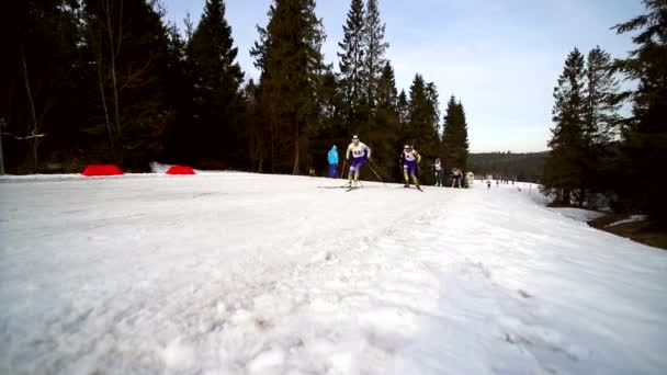 Ucrania. Yavoriv. 12 de marzo de 2019. Grupo de estudiantes de niñas y niños, participa en competiciones locales de biatlón — Vídeos de Stock