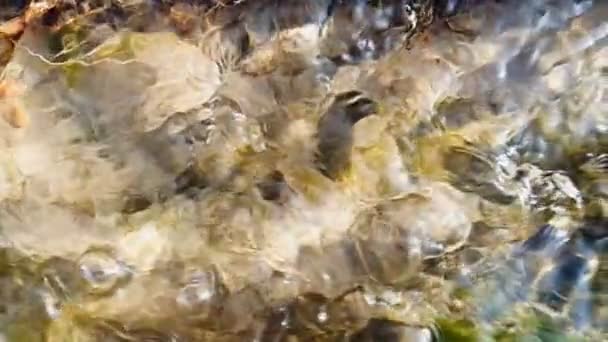 Fondo borroso de agua que fluye en cámara lenta. Deslumbramiento reflejado en el fondo del arroyo . — Vídeo de stock