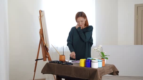 Woman artist, preparing a palette of colors for painting. Gently mixes colors and smiles — Stock Video