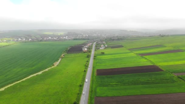 Aerial flyger över vägen med bilar som skiljer de gröna fälten. Dimmig dag och rutten som förbinder staden — Stockvideo
