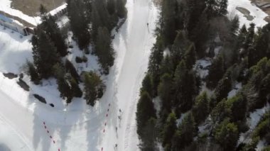 Havadan görünüm Biatlon. Yerel yarışmalara katılan sporcular. Dağlarda sporcuların mesafe grubunun geçişi.
