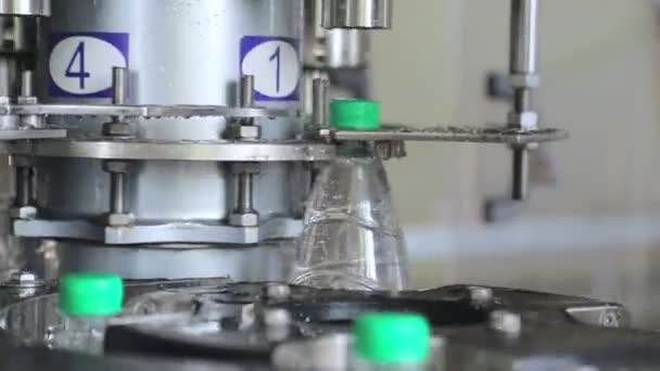 Linea di imbottigliamento dell'acqua. Alimentazione automatica di tappi in plastica e chiusura — Video Stock