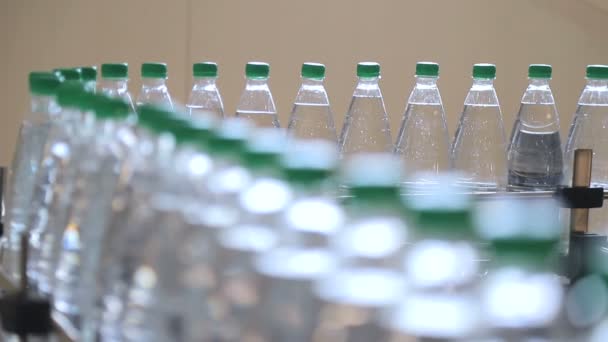 Vita plastflaskor stå på vattnet tappning linje, fylld med mineralvatten, och igensatta med gröna mössor — Stockvideo