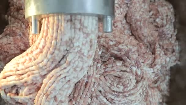 Велика промислова м'ясорубка подрібнює м'ясо на фарш. Шматочки фаршу виходять з м'ясорубки . — стокове відео
