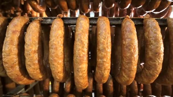 Un lot de saucisses finies sous forme d'anneaux, stockées sur les étagères de la production. Une sorte de saucisse du bas vers le haut — Video