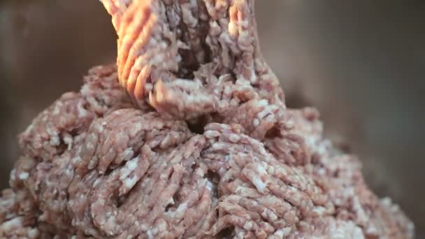 Large industrial meat grinder, grinds the meat into minced meat. Pieces of minced meat come out of the grinder. — Stock Video