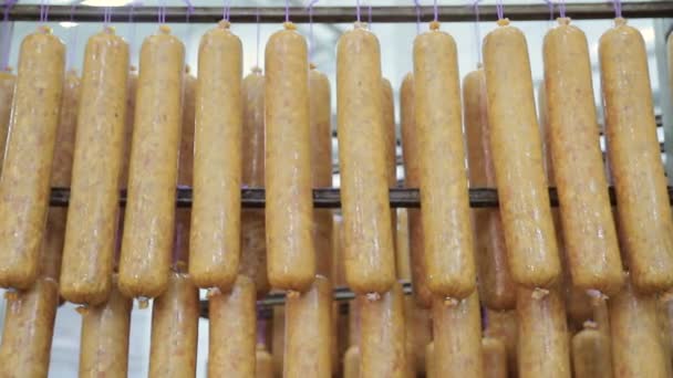 Seulement des saucisses faites, qui est prêt pour la cuisson au four. Saucisse crue, pas prête sur les étagères . — Video