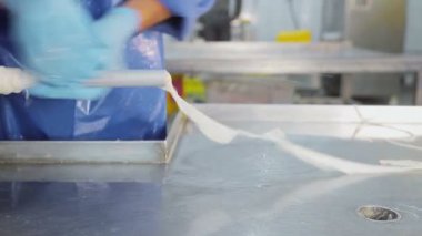 Mavi lastik eldivenli üretim işçisi, sosis yapıyor. Bir sosisin yakın çekimi bir çalışan tarafından oluşturulur