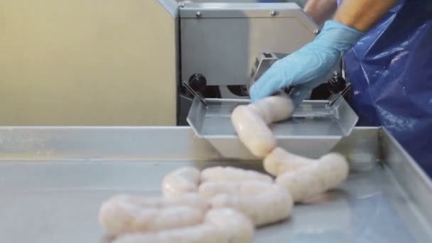 Travailleur de production en gants de caoutchouc bleu, fait de la saucisse. Un gros plan d'une saucisse est créé par un employé — Video