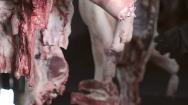 İşçi domuz leşinden et parçacıkları keser