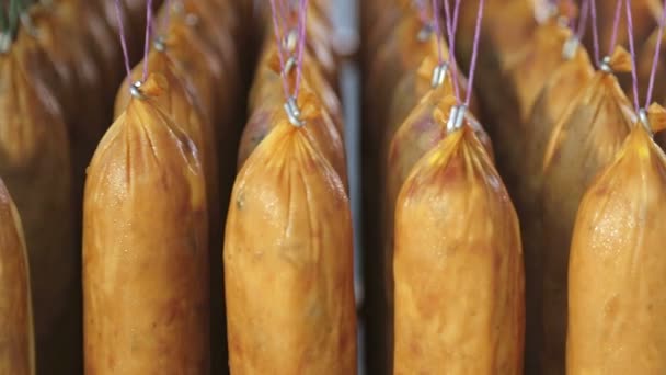 Production en série de saucisses. Les saucisses sont suspendues sur des fils dans une rangée . — Video