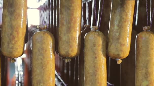 Only made sausage, which is ready for baking in the oven. Raw, not ready sausage on the shelves. — Stock Video