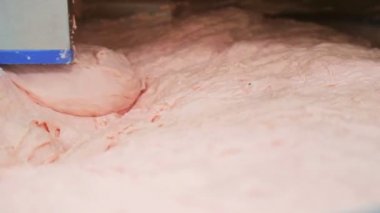 Açık pembe iştah açıcı bir renge sahip sosis veya sosis için kıyma karıştırma.