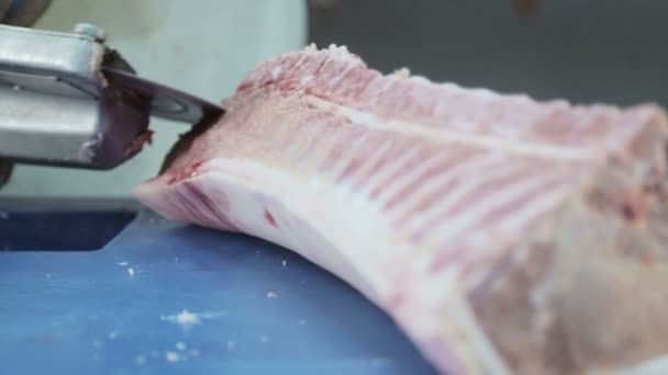 Nahaufnahme eines Arbeiters, der mit einer elektrischen Säge Stücke von Schweinefleisch schneidet. Entbeinung von Schweinefleisch. Fleisch in Stücke schneiden. — Stockvideo