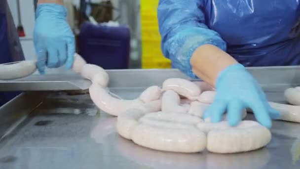 Ligne de production de saucisses à l'usine de transformation de la viande. Le gros plan de l'employé sépare les morceaux de saucisses avec un dispositif spécial . — Video