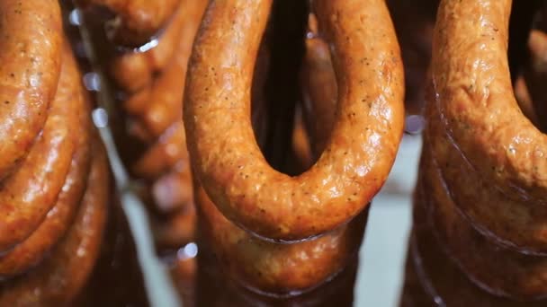 Колбасные кольца как готовый продукт, высыхают в стойках. Панорама готовых колбасных изделий — стоковое видео