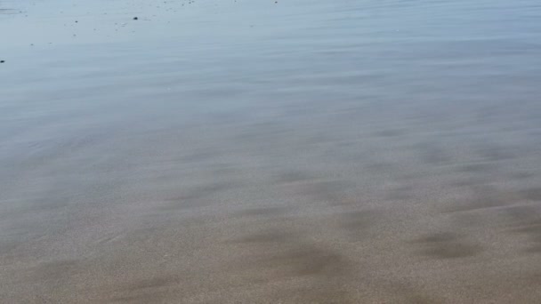 La marea llega al primer plano de la costa. Nivel del agua del mar que sube lentamente en la marea entrante, olas que cubren la arena dorada que se apodera de la playa — Vídeo de stock