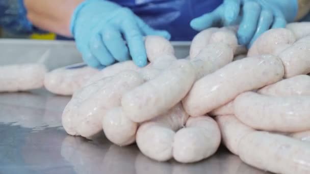 Ligne de production de saucisses à l'usine de transformation de la viande. Le gros plan de l'employé sépare les morceaux de saucisses avec un dispositif spécial . — Video