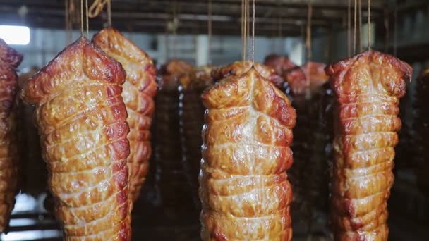 Bakad skinka i produktion, hängande på skosnören och torkar — Stockvideo