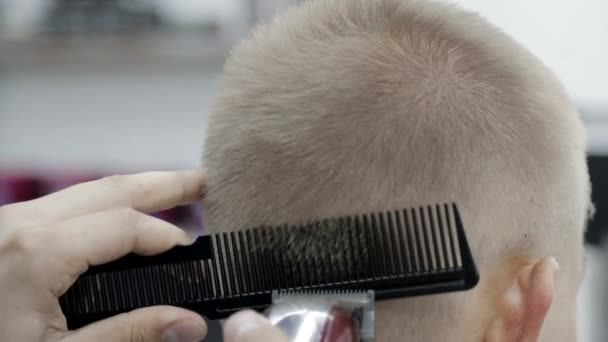 Styliste kapper, met behulp van een tondeuse en kam, knipt haar man close-up. — Stockvideo