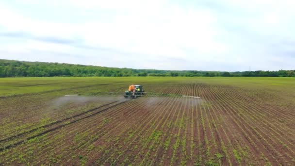 Aerial view Farm machinery spraying insecticide to the green field, agricultural natural seasonal spring works. Farming tractor spraying on field with sprayer — Stock Video