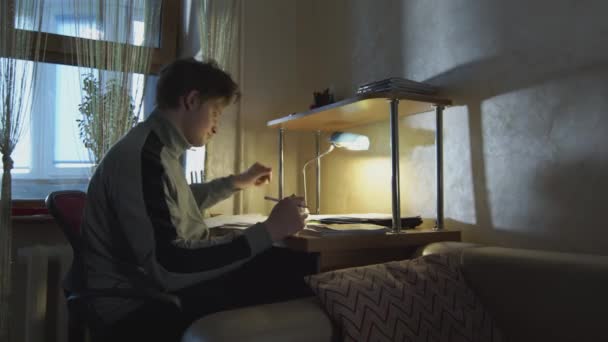 Student zakenman werkt in een donkere kamer met een bureaulamp met documenten. De student lost 's avonds huiswerk op in zijn kamer. — Stockvideo