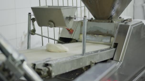 ベーカリー生産ライン。ベーキング用ドーナツを作成し、提供するための自動マシン。生産中の生地製品. — ストック動画