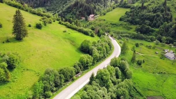 Flygfoto väg i bergen bland det pittoreska landskapet av gröna berg. Bergsluttningarna är täckta med grönt gräs och träd. asfalterad väg mellan bergen. — Stockvideo