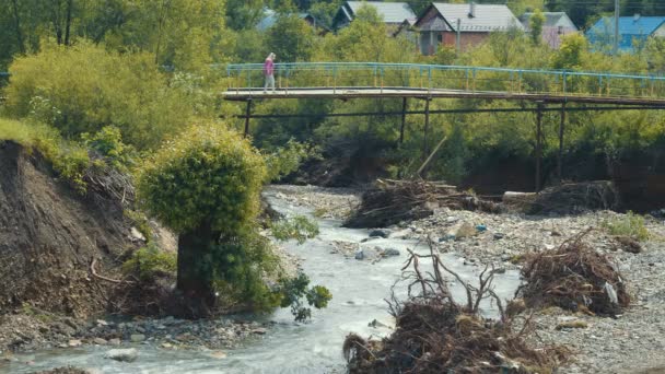 洪水後の山の川のコース。山の川の洪水後の木々や石の遺跡。女は橋を渡って川を渡る. — ストック動画