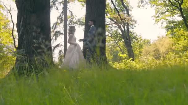 Młoda para, która spotkała się w lesie przy drzewach na tle słońca. Nowożeńcy delikatnie dotykają rąk i patrzą sobie w oczy.. — Wideo stockowe