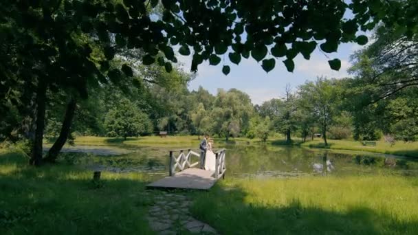 Recién casados en el día de su boda están de pie en un puente de madera junto al lago — Vídeos de Stock