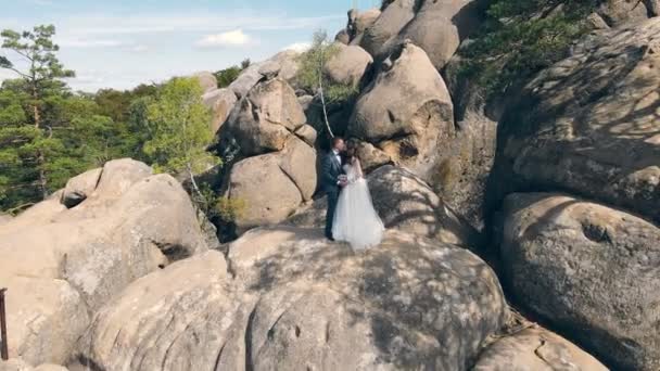 Pareja de boda en roca de montaña de dron. Vista aérea Felices recién casados enamorados abrazándose de pie en la cima de la montaña. — Vídeo de stock