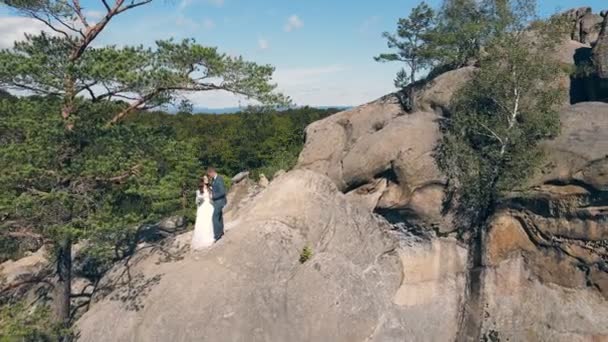 드론을 타고 산에서 결혼식을 올렸어요. 산 정상에서 있는 행복 한 신혼 부부들의 모습. — 비디오