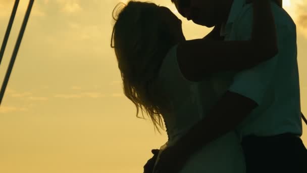 Siluet hitam dari dua kekasih. Pengantin baru saat matahari terbenam. Pengantin pria mencium pengantin wanita dan memeluknya dengan lembut saat matahari terbenam — Stok Video