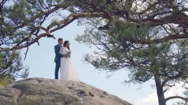 Bir çift mutlu gelin sırtı kameraya dönük olarak dağda duruyor ve ağaçlarla kaplı dağlara bakıyor. Birbirine aşık genç bir çiftin geleceğine bakıyorum..