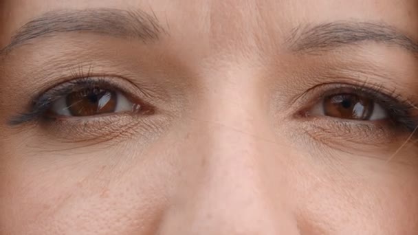 갈색 눈의 여성은 눈을 감는다. 여성의 눈은 갈색이며, 천천히 닫히고 열립니다. 완벽 한 암컷의 눈. — 비디오