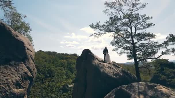 Bryllupspar i bjergklippe fra drone. Luftudsigt Glade nygifte i kærlighed krammer stående på toppen af bjerget. – Stock-video