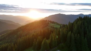 Ormanlı dağ sırtı manzarasının üzerinde gün doğumu. Güneşin doğuşunun nefes kesici manzarası, çam ağaçlarıyla kaplı dağ sırtlarına ve vadilere, parçalı bulutlu bir gökyüzünün altında altın ışık saçıyor.
