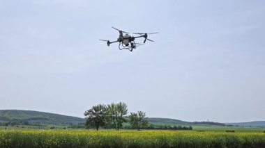 Arka planda ağaçlar ve tepeler ile sarı çiçeklenme alanının üzerinde uçan kuadkopter drone, yazları teknolojiyi kullanmak için açık havada uçan insansız hava aracı.