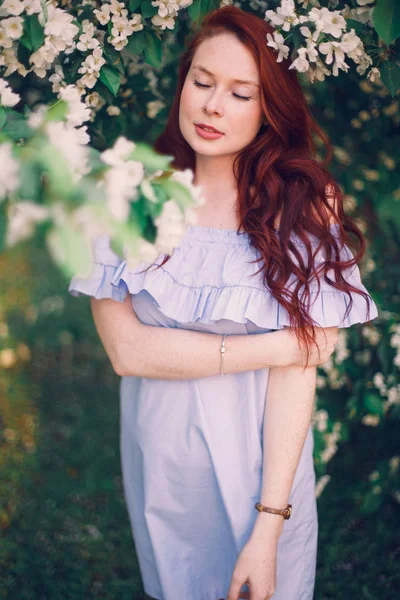 Model Red Hair Posing Blooming Apple Tree — Stock Photo, Image