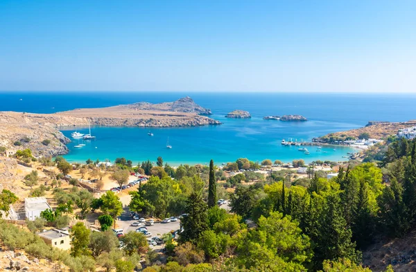 Zobrazit Azure Bay Městě Lindos Rhodos Řecko — Stock fotografie