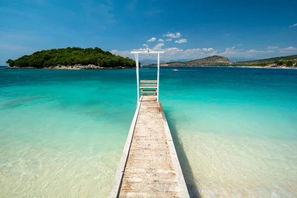 Cais Madeira Praia Paradisíaca Ksamil Albânia — Fotografia de Stock