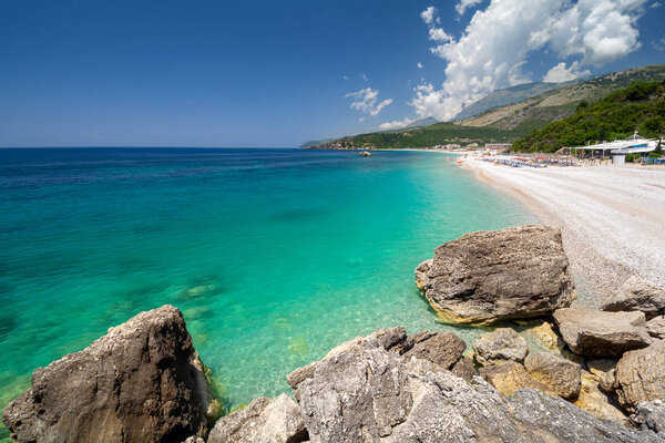 crystal clear water on Livadhi Beach in Himare in Albania