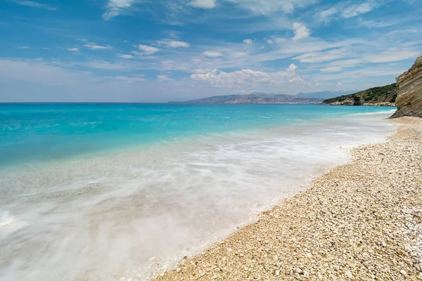 Ksamil Arnavutluk Uzun Pozlama Güzel Plaj Görünümü — Stok fotoğraf
