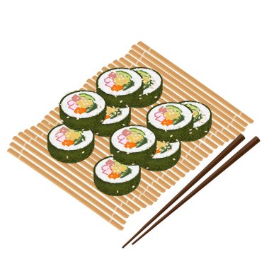 Vector Illustration Logo Clipart Gamtae Gimbap veya Gamtae Kimbap Bambu rulo üzerinde