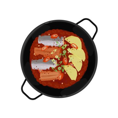 Vektör İllüstrasyon Logosu Üst Görünüm Kore Aşçılık Kuşağı veya Pan Jorim üzerinde Galchi Jorim