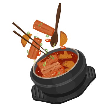 Vektör İllüstrasyon Logosu Yükseltme Bir Ttukbaegi üzerinde Ağır Kore Beltfish veya Galchi Jorim