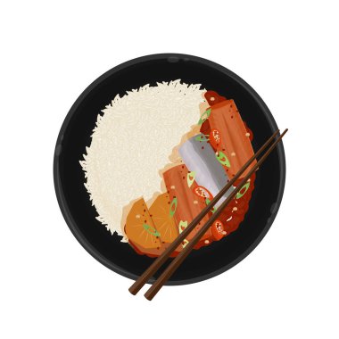 Vektör İllüstrasyon Logosu Üst Görünüm Kore Yemeği Galchi Jorim ve Rice