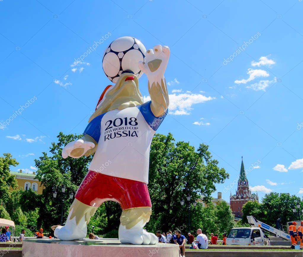 Moscow, Russia. June, 20, 2018 The official mascot of the 2018 FIFA World Cup and the FIFA Confederations Cup 2017 wolf Zabivaka at the Manezhnaya Square in Moscow